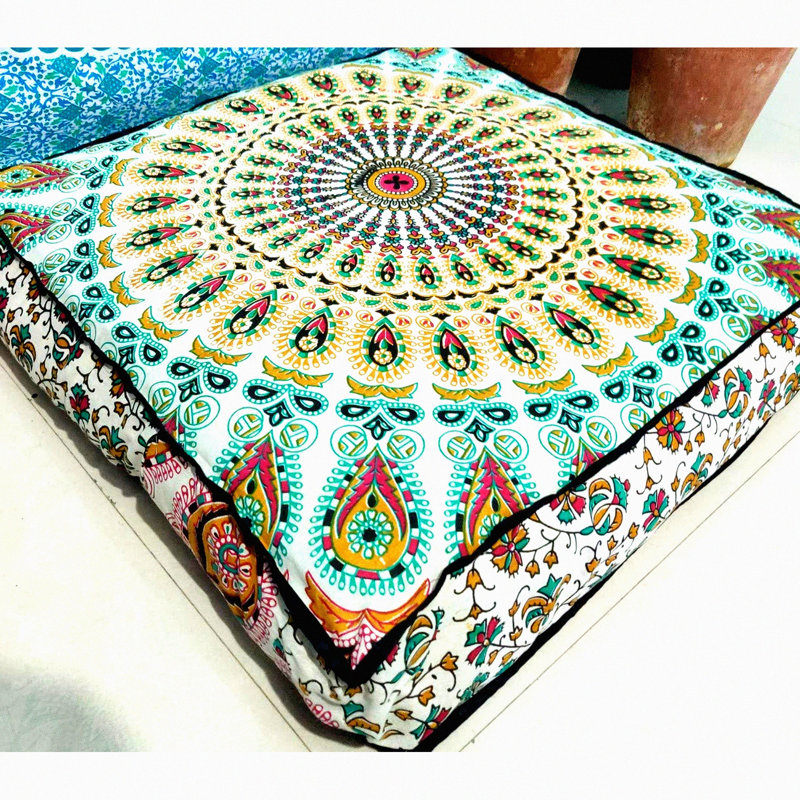 Boho Chic Floor Pillow Cushion Cover - Large Seating Throw Case for Meditation - Decorative Hippie Ottoman Pouf - Zipped Mustard Square