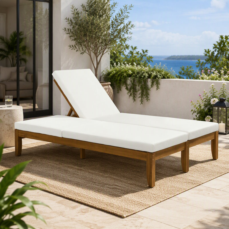 Chaise longue double réglable pour l'extérieur avec coussins imperméables, L 49,61 po, Beige, naturel