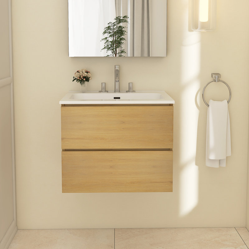 Meuble-lavabo simple 24 po avec surface solide Zykaria, Chêne naturel, Centres de 8 po