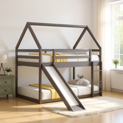 Twin Size House Bunk Bed with Slide and Ladder, Solid Wood Frame with Guardrails, Low Bunk Design for Kids Bedroom Playhouse
