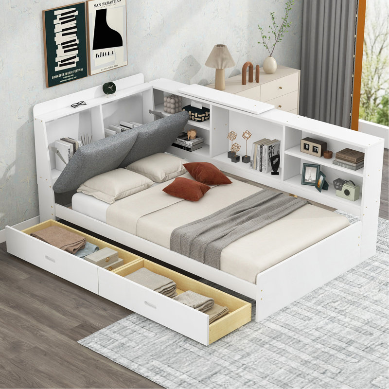 Lit plateforme simple en bois avec tête de lit avec rangement, tablettes et 2 tiroirs, blanc