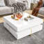 Table basse 31,5 po x 31,5 po avec surface blanche brillante, 4 tiroirs, panneau de particules, salon multicolore, finition ultrabrillante, pieds en grain de bois, 31,5 po x 31,5 po