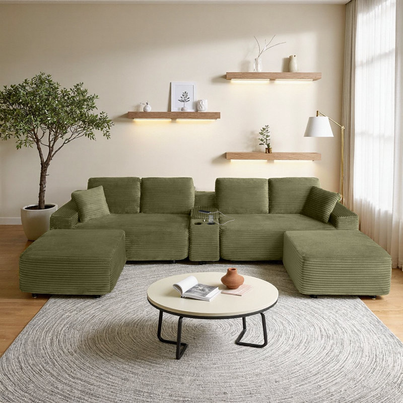 Canapé modulaire en velours côtelé 125 po avec 2 repose-pieds, canapé en forme de L, porte-gobelets, ports USB, modulaire 5 pièces