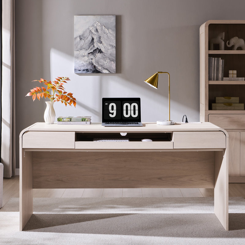 Bureau d'ordinateur moderne Maud de 63 po avec 2 tiroirs de rangement, bureau d'écriture avec plateau pour clavier et prise de courant pour bureau à domicile Maud