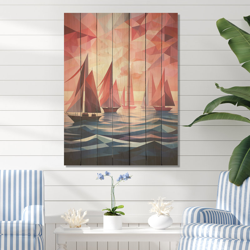 Nautique, bateau, crépuscule, voiles II - coucher de soleil côtier sur bois, H 20 po x l 10 po