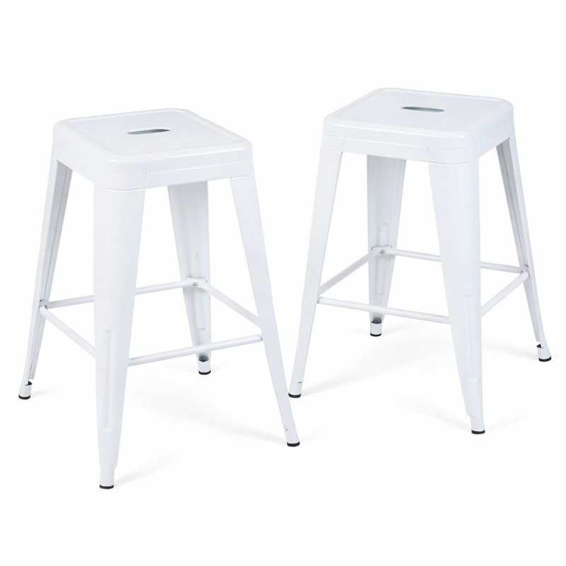 Ensemble de 2 tabourets de bar en métal sans dossier avec un design peu encombrant, Light White, 2