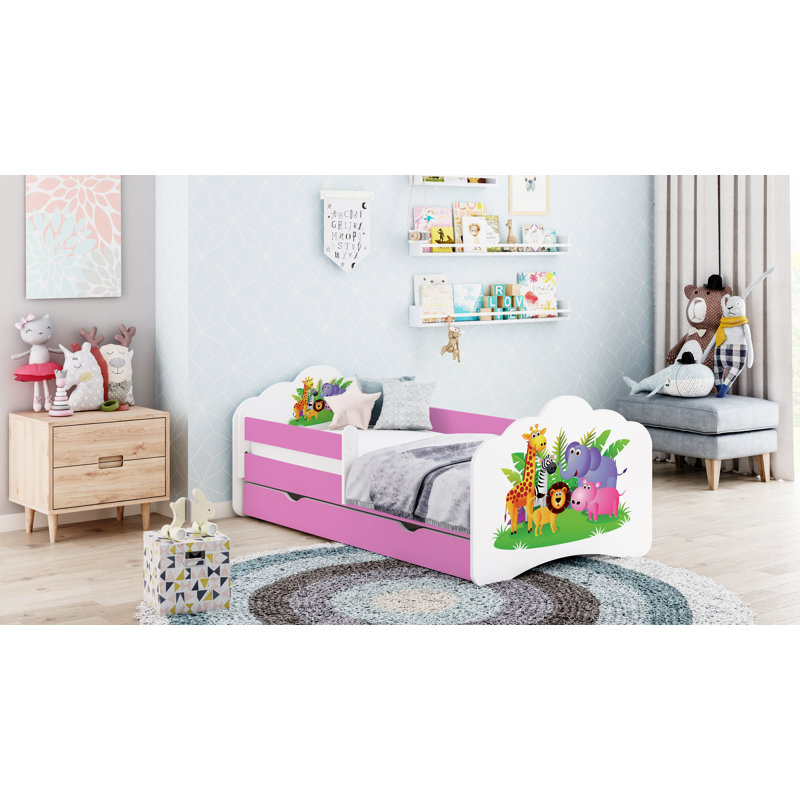 Romolo Cot Bed / Toddler Bed Frame with Drawers, Pink, 65 x 80 x 160cm