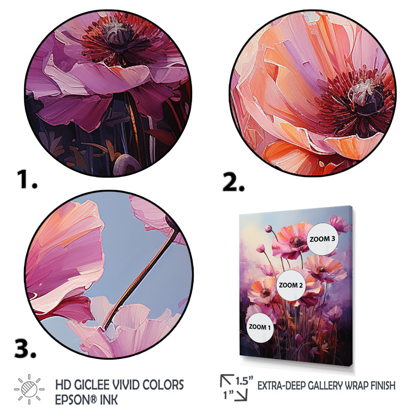 «Lilas lumineux rose» - Poppy Palette III - coquelicots, art mural, Cadre flottant doré, H 60 po x l 28 po