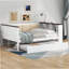Lit de jour en bois pleine grandeur avec tablettes de rangement, dossier rembourré, chargement USB et lit gigogne, blanc-1022645294