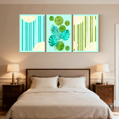 Contemporary Boho Abstract Stripes Leaves Circles Tropical Design Pattern Art Set of 3 Canvas Wall Art Prints