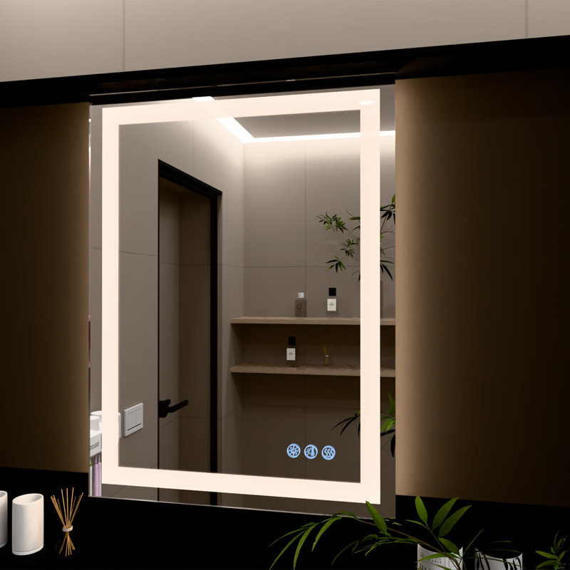 Miroir rectangulaire sans cadre à DEL de 24 po x 32 po avec désembueur, sélection de la température de couleur CCT et contrôle de la luminosité avec tasseau pour montage mural vertical ou horizontal de la collection Corona