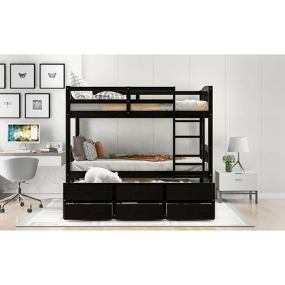 Lit superposé simple au-dessus d'un lit simple en bois avec lit gigogne et tiroirs, espresso