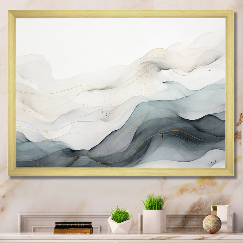 Bleu gris, dessin au trait abstrait conceptuel II - Art mural, Cadre doré simple, Doré, H 30 po x l 40 po