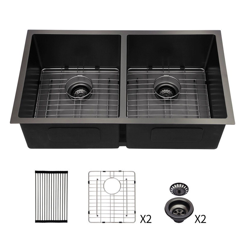 Double Bowl Undermount Sink- Gunmetal Black  Double Bowl Kitchen Sink 16 Gauge With Two 10" Deep Basin