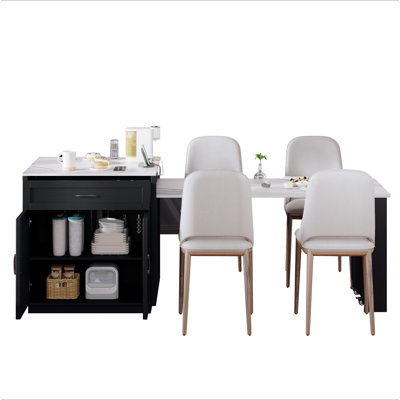 82.7 Inch Kitchen Island With Extendable Dining Table For 4-6 Person,Faux Mable Kitchen Table With Double-Sized Storage,Power Outlet,Kitchen Island Wi by Latitude Run