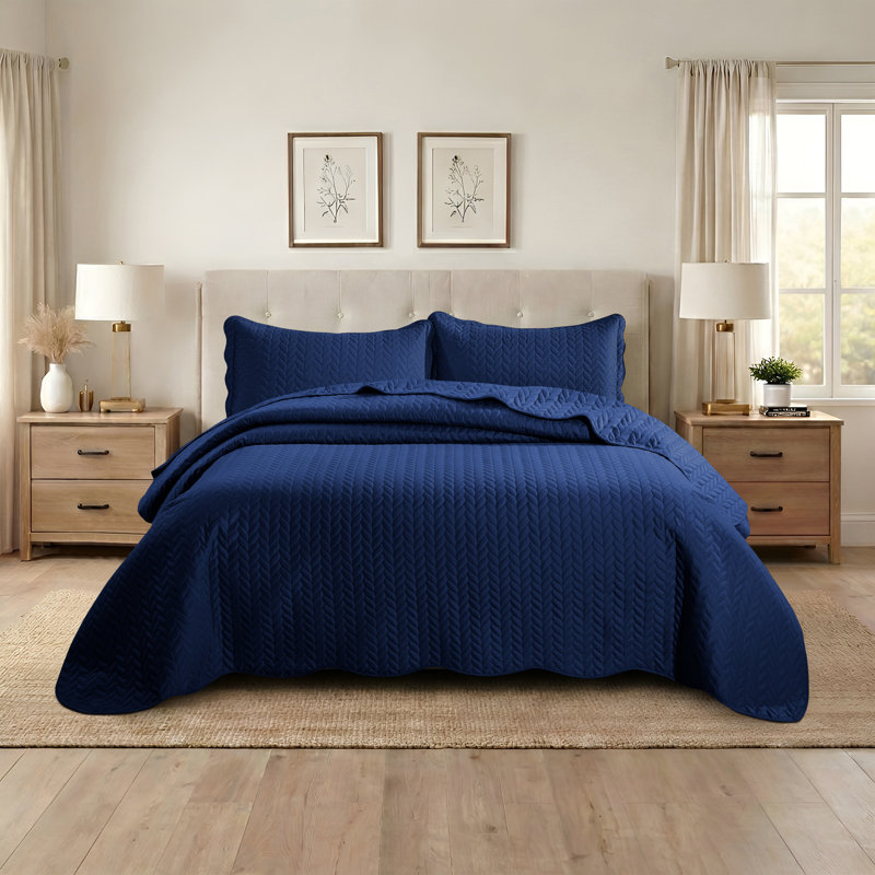 Embossed Quilted Bedspread Set – Ultra Soft Microfiber Coverlet With Pillow Shams, Hotel-Style Bedding For All Beds, Blue