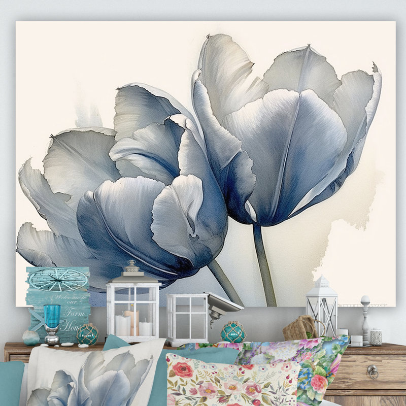 Tulipes, simplicité, saphir sur toile, Toile tendue, H 24 po x l 32 po x P 1 po