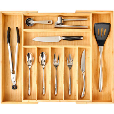 Large Expandable Kitchen Silverware Utensils Drawer Organizer, Bamboo Wood Cutlery Tray Flatware Holder