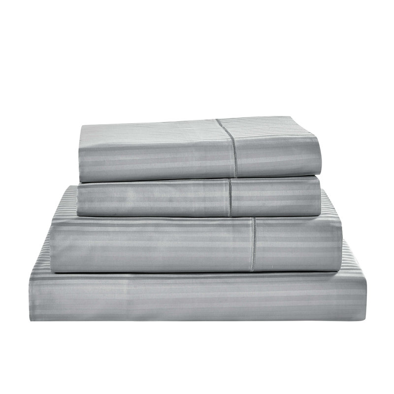 Ensemble de draps rayés Bibb Home 1000 fils - 100 % coton égyptien, Grand lit, Argent