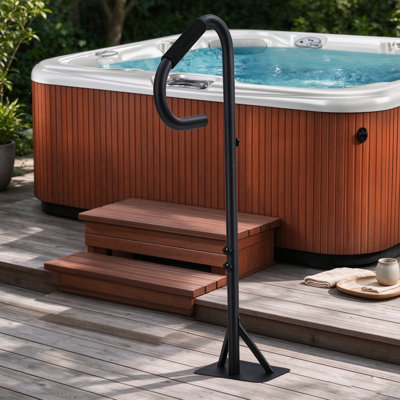 Adjustable Hot Tub Handrail with 360° Swivel & Non-Slip Grip | 18-57" Height Spa Safety Rail with Slide-Under Base & 600 lb Capacity, Black