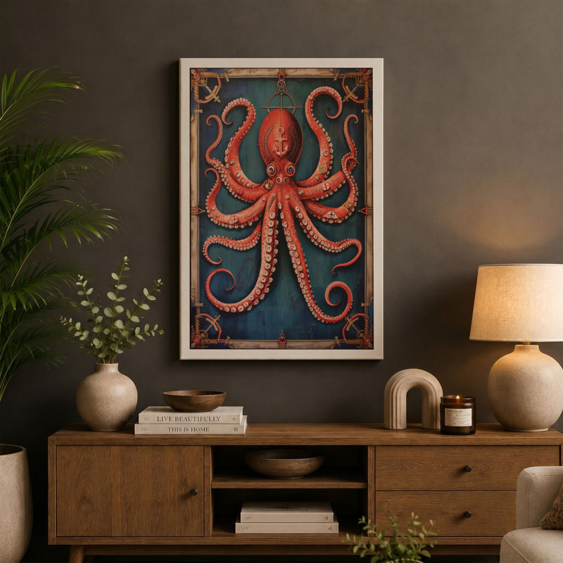 Ornamental Octopus Art Deco - Wrapped Canvas, 18x12 - 45.7 x 30.5 cm, Taupe Border
