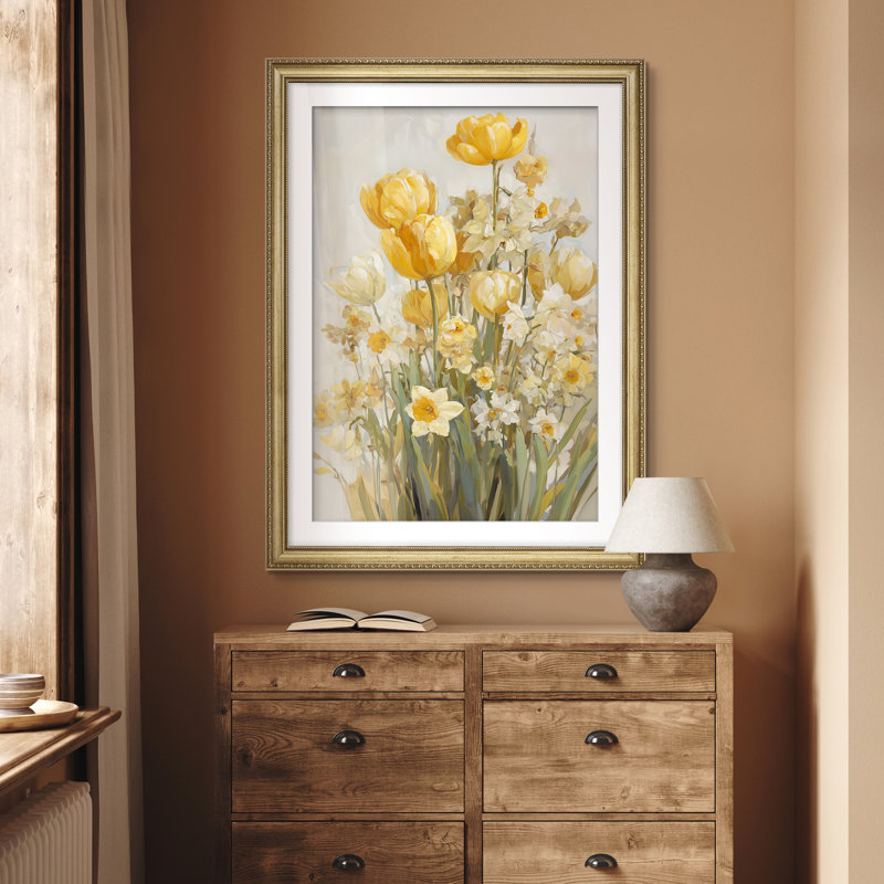 Art mural encadré floral jaune avec tulipes jaunes et jonquilles blanches 26 po x 36 po, Doré