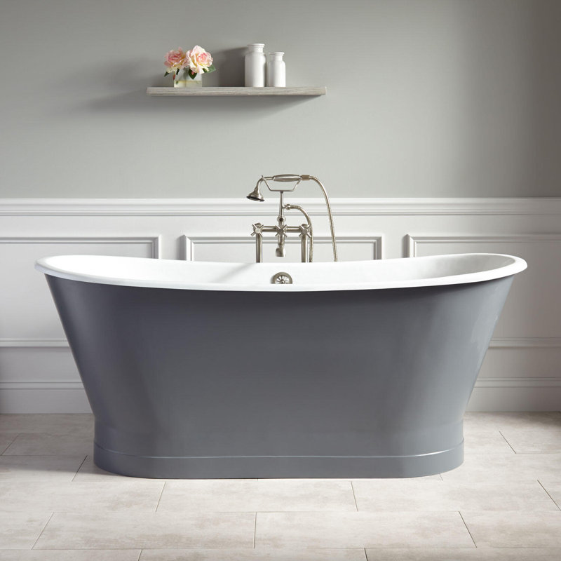 67" Kateryn Cast Iron Freestanding Bateau Tub, Dark Gray, Polished Brass