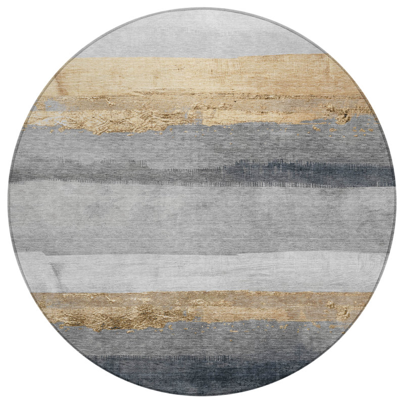 Machine Washable Indoor/Outdoor Xhevrie Gold Rug, Round 8'