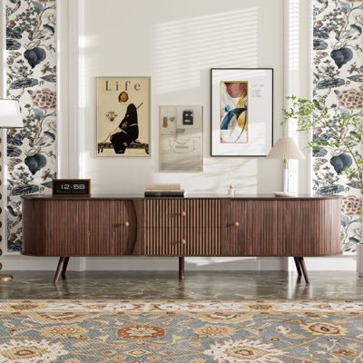 Meuble télé 70 po Mid-Century, meuble télé pour téléviseur de 80 po, meuble télé avec portes tambour, tiroirs cannelés, console de salon, chambre à coucher