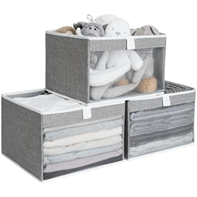 Paniers de rangement pour garde-robe, grands paniers de rangement avec fenêtre transparente et poignées, organisateur de tissu pliable pour vêtements, tablettes, brun et beige, paquet de 3