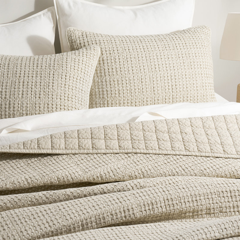 Stonewashed 100% Natural Cotton Waffle Quilt Set, Dark Flax, King Quilt + 2 King Shams