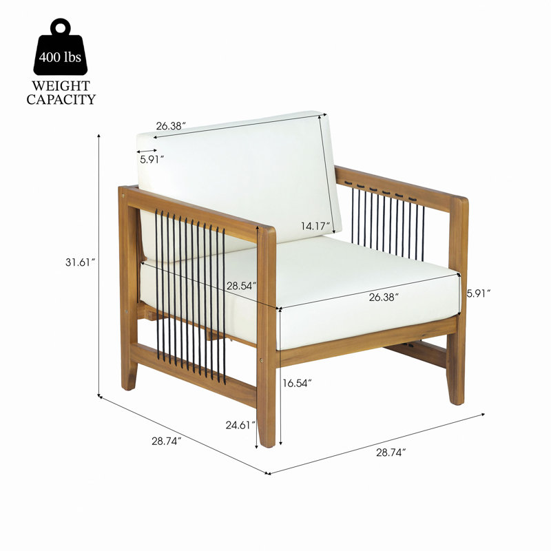 Chaise de patio d'extérieur en bois d'acacia avec coussin, fauteuil simple d'appoint moderne pour patio, jardin