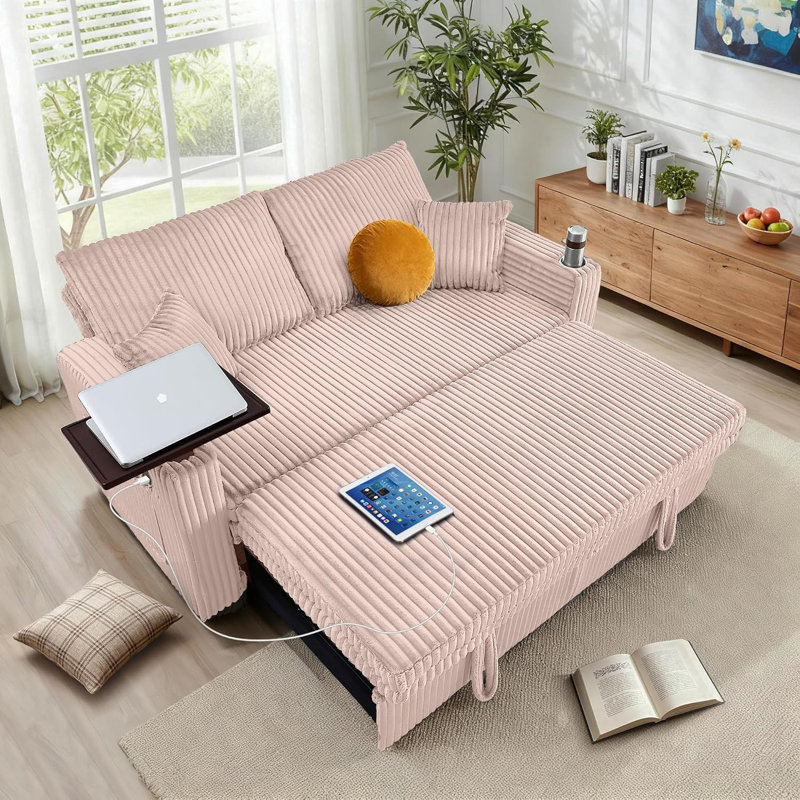 65 In Full Sleeper Sofa Bed, Convertible Pull Out Couch With Small Table, Pink