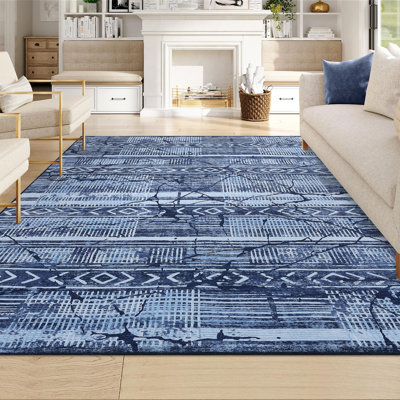 Boho Machine Washable Rug with Rubber Backing for Living Room Modern Non-Slip Dining Room Rug Non-Shedding Faux Wool Rugs for Bedroom Floor Carpet for Office Nursery Playroom