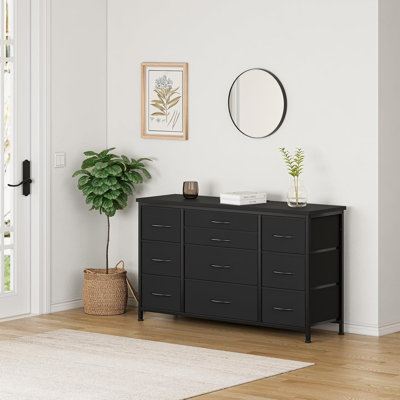 Commode en tissu avec 10 tiroirs de rangement pour la chambre à coucher, meuble télé de 55 po avec prise de courant, structure en métal robuste, plateau de table en bois pour chambre d'amis, placard, vestibule