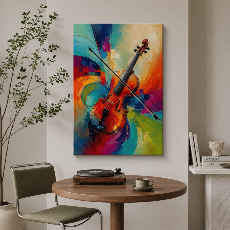 Œuvre d'art violon colorée et colorée, images de salle de musique, impression sur toile encadrée, 24" H x 16" W x 1.5" D