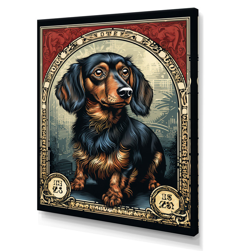 Illustration rétro du timbre de teckel mignon sur toile, Toile tendue, H 44 po x l 34 po x P 1,5 po
