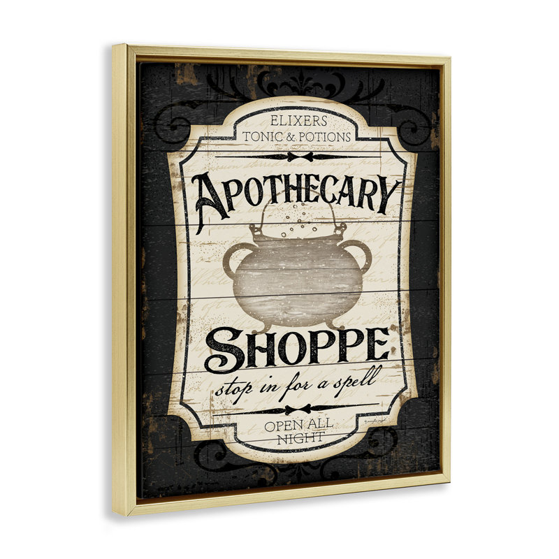 Enseigne d'apothicaire Shoppe Spooky, Cadre flottant métallique doré, H 21 po x l 17 po