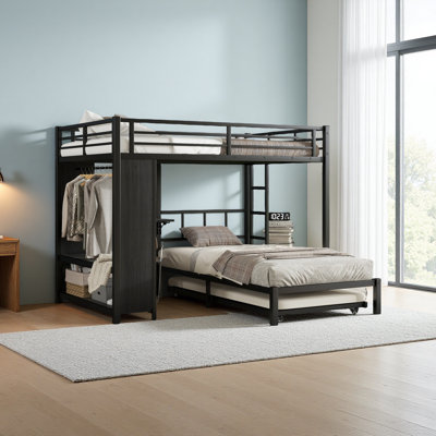 Lit superposé avec garde-robe intégré, lit superposé en métal avec lit gigogne, bureau pliable, échelles, conception à bruit réduit