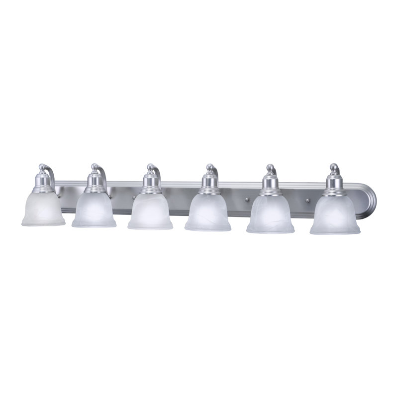 Sutherland 6-Light 48 inch Wide Brushed Nickel Transitional Bathroom Vanity Lighting Fixture, White Alabaster Glass Shade, Dimmable, LED Compatible, Over the Mirror Wall Mounted, Full Backplate