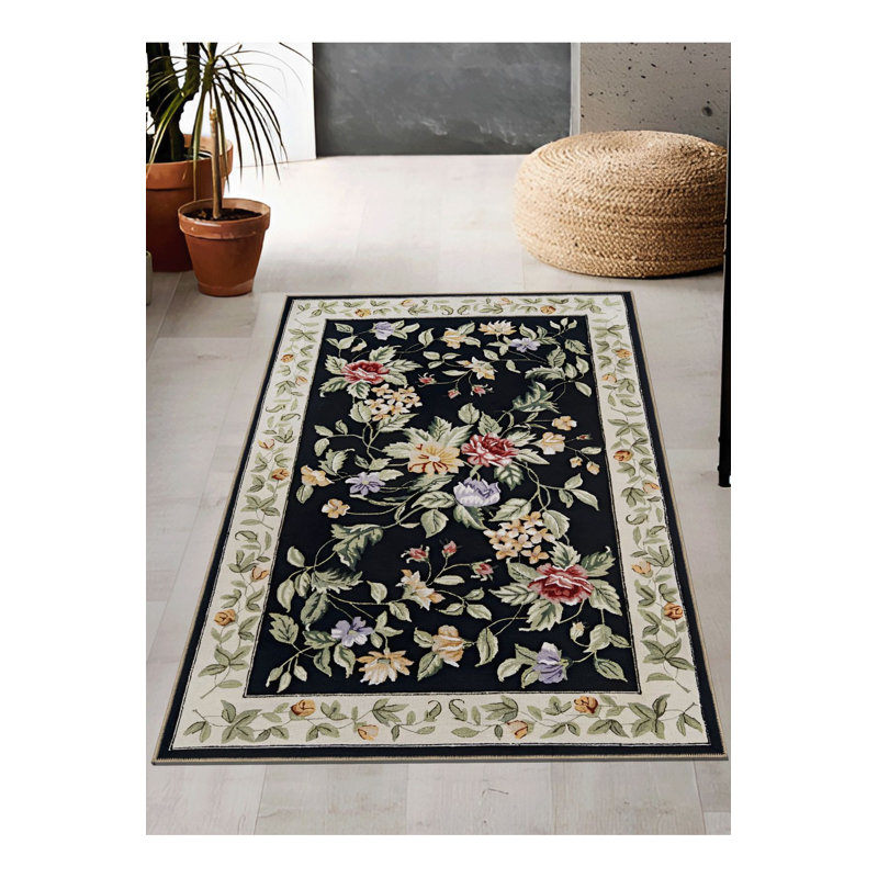 Tapis noir lavable à motif floral noir, Sous-tapis rectangulaire de 3 pi 3 po x 6 pi 7 po 
