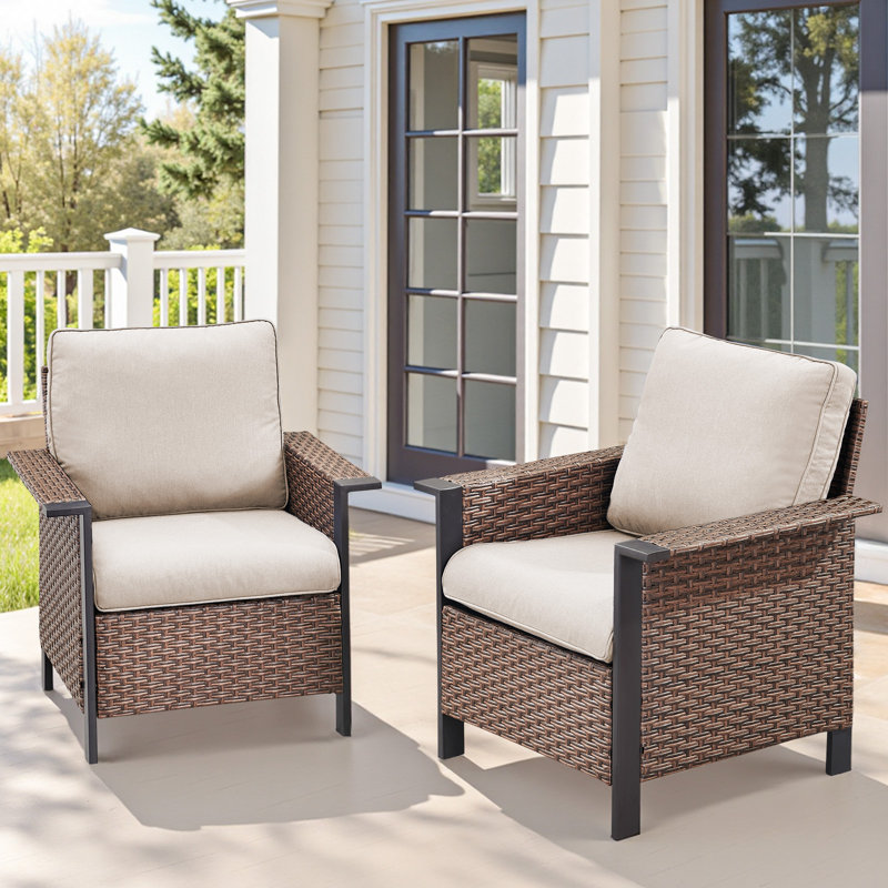 Luxury Outdoor Chairs, Set Of 2 – Spacious Armrests, Comfortable Cushions With PE Rattan And Powder-Coated Frame, Beige