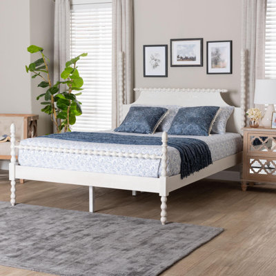 Baxton Studio Caliana Bobbin Four-Poster Platform Bed - Wooden Bed Frame With Turned Spindle Posts And Panel Headboard, Vintage-Inspired Bedroom Furniture, White, Queen