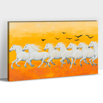 Horse Wall Art, 7 Horses Running Painting Vastu With Frame, Horse Pictures Wall Decor for Living Room, 7 Running Horses Painting Large Horse Poster Art Framed for Bedroom or Office, Vintage Horse Prints Wall Decor 28" × 40"