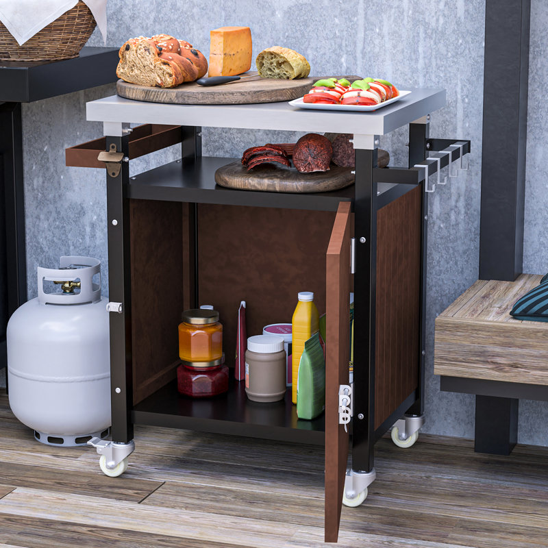 Chariot de barbecue extérieur avec espace de rangement - Roulettes de service mobiles et support pour barbecue, table en acier inoxydable pivotante à 360°