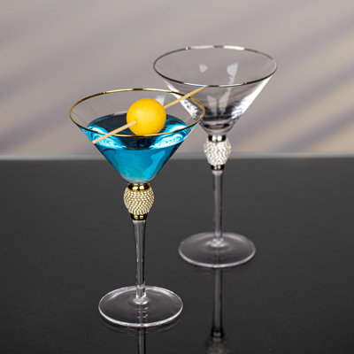 2 Piece Premium Clear Stem Crystal Martini Glasses With Rim And Diamond-like Rhinestones, Elegant 10oz Glassware Set For Cosmopolitan, Vodka, Gin And Other Cocktails, Fancy Manhattan Drinkware