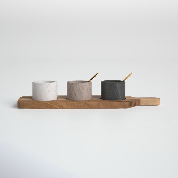 Kalmar Home Ceramic Condiment Set on Acacia Wood Base