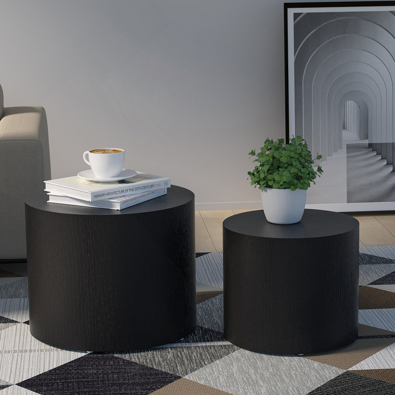 Ensemble de 2 tables d'appoint avec frêne, chêne, placage en noyer, table basse, table de bout, Noir mat
