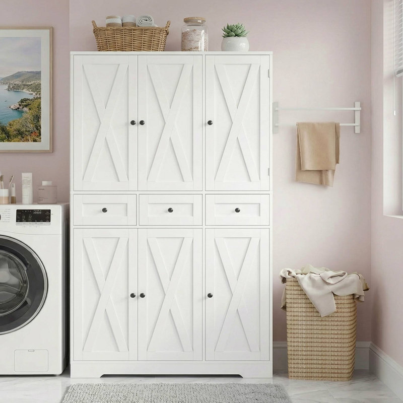 42.5″ W x 66.9″ H Freestanding Bathroom Cabinet With 6 Doors, Storage Wood Tall Cabinet With 3 Drawer, White