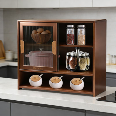 Bamboo Countertop Storage Cabinet With Sliding Glass Doors, 3-Tier Adjustable Shelf Freestanding Pantry Organizer For Kitchen, Bathroom, And Living Room
